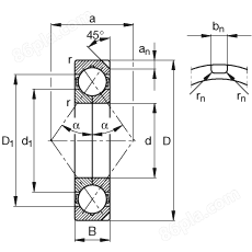 四点接触球轴承 QJ220-N2-MPA, 根据 DIN 628-4 的主要尺寸，可以拆卸，剖分内圈，带两个止动槽